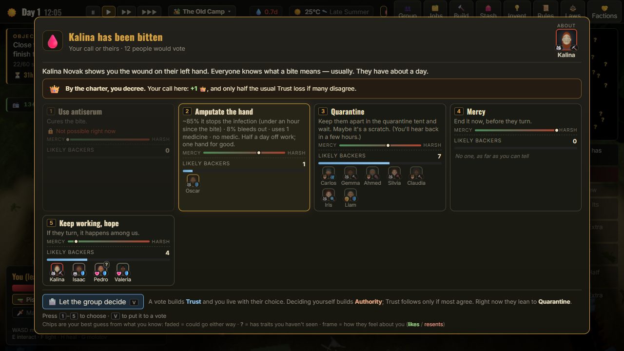 A decision card: Kalina has been bitten on the left hand. Choices: amputate the hand, quarantine, mercy, or keep working, each with its likely backers.