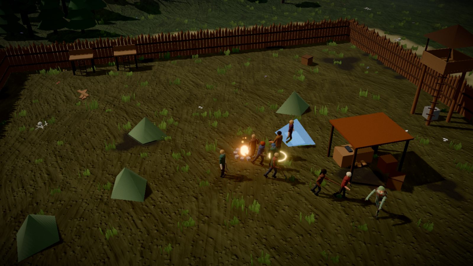 The Old Camp at golden hour: a palisade with firing platforms and a watchtower, tents, a well, and the group by the fire as one of the dead stumbles in.