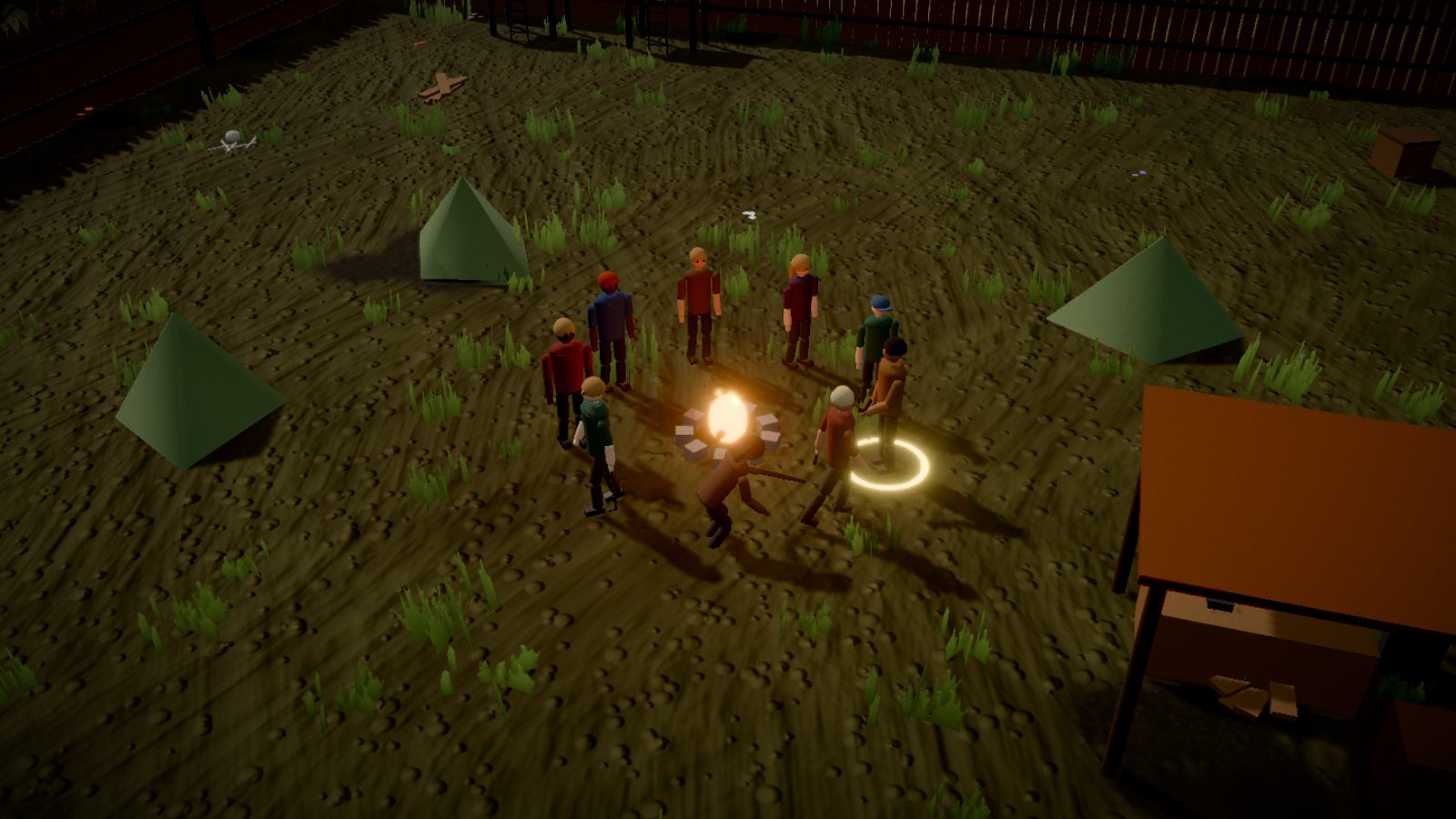 In-game at dusk: nine survivors stand around a campfire inside a palisade, with tents, a stone well and a workshop shelter nearby.