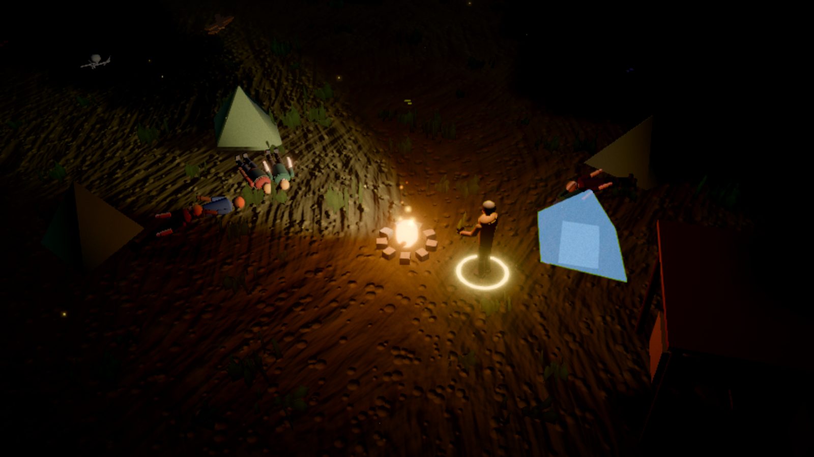 Night in camp: the fire burns low, people sleep on the ground beside the tents, one person keeps watch.
