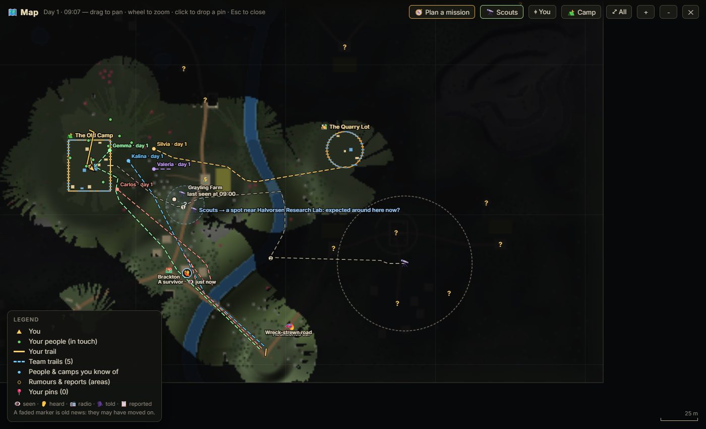 The big map with no radio link: coloured team trails, Grayling Farm marked 'last seen at 09:00', and a dashed circle where a scouting team is expected to be now.