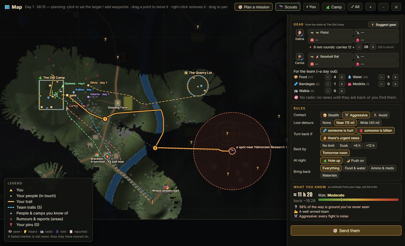 The mission planner: a route with two numbered waypoints drawn across the big map to a spot near a research lab, and a side panel for gear, team supplies, rules and an estimate of about 11 hours at moderate risk.
