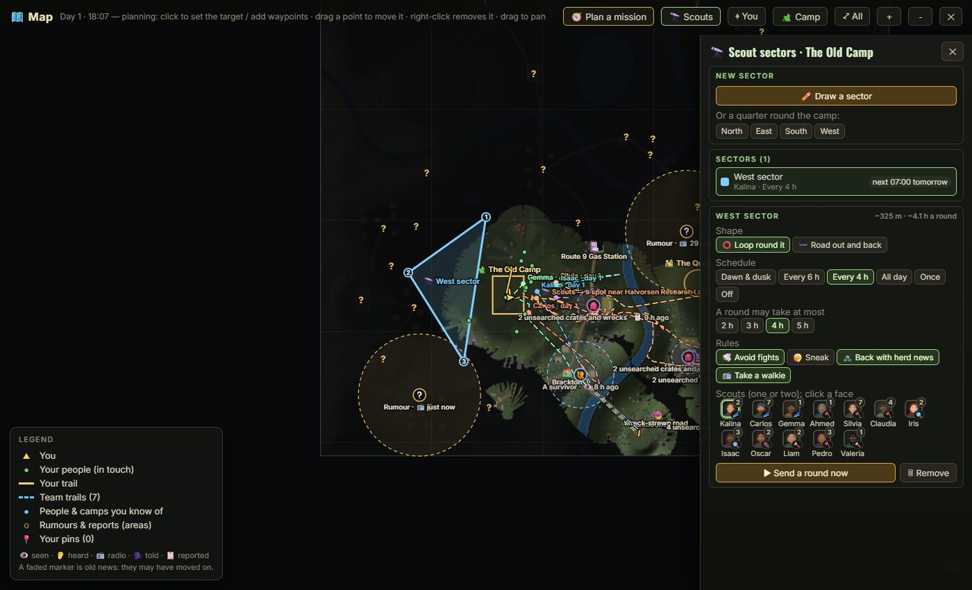 The scout sectors panel on the big map: a blue triangular west sector drawn round the camp, with a schedule of every 4 hours and rules such as avoid fights and come back with herd news.
